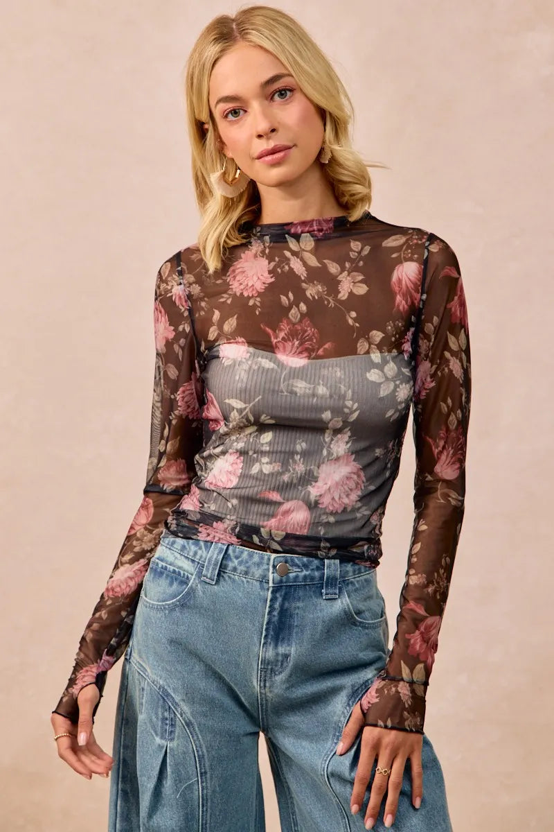 Flower Printed Mesh Lace Top with Thumb Opening at In Style Chics Boutique