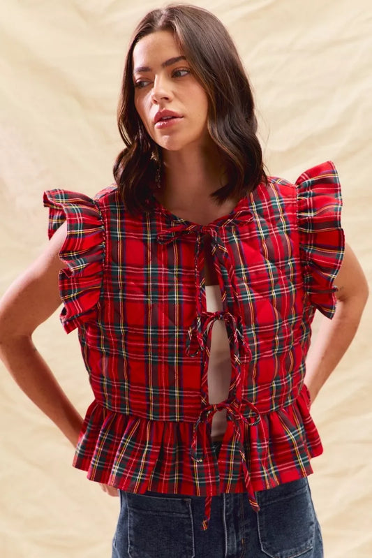 Shop Christmas Holiday Plaid Ruffled Quilt Vest Top at In Style Chics Boutique ❤️ 💚🖤