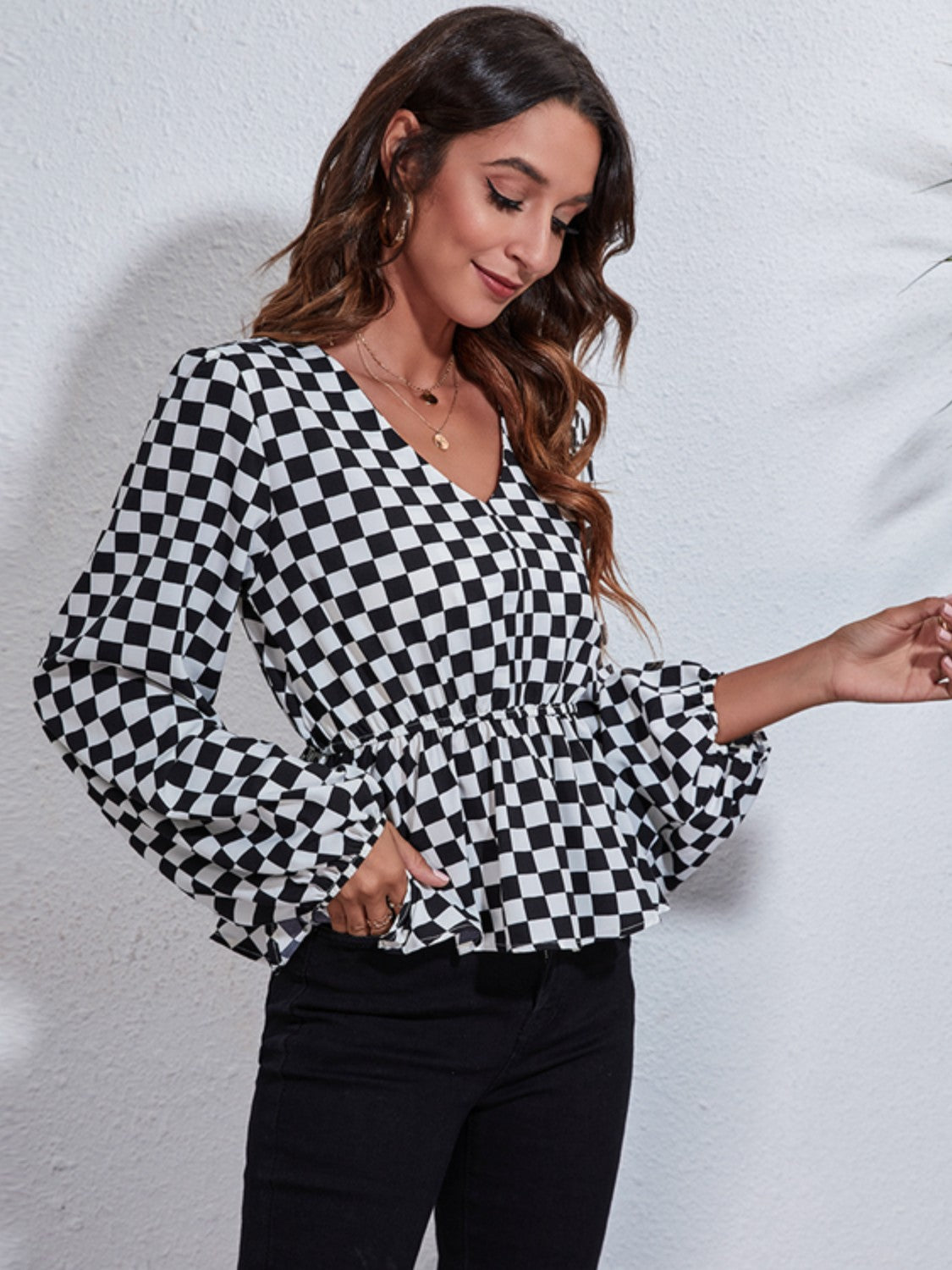 Checkered V-Neck Balloon Sleeve Peplum Blouse - In Style Chics Boutique LLC