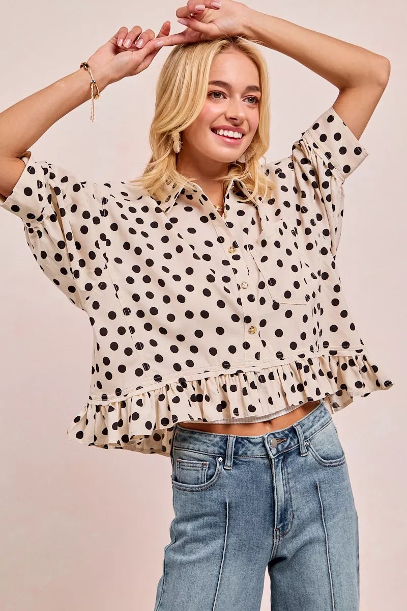 Shop Polka Dot 🤍🖤 Printed Peplum Top with Front Button at In Style Chics Boutique