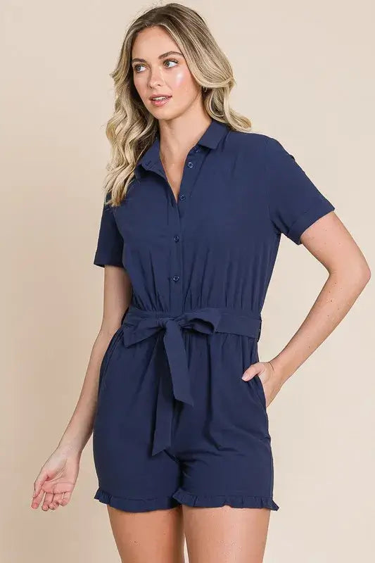 Collared Button Down Navy Romper with Tie Belt - Summer Stylish Fashion - In Style Chics Boutique Women's Juniors Apparel Online