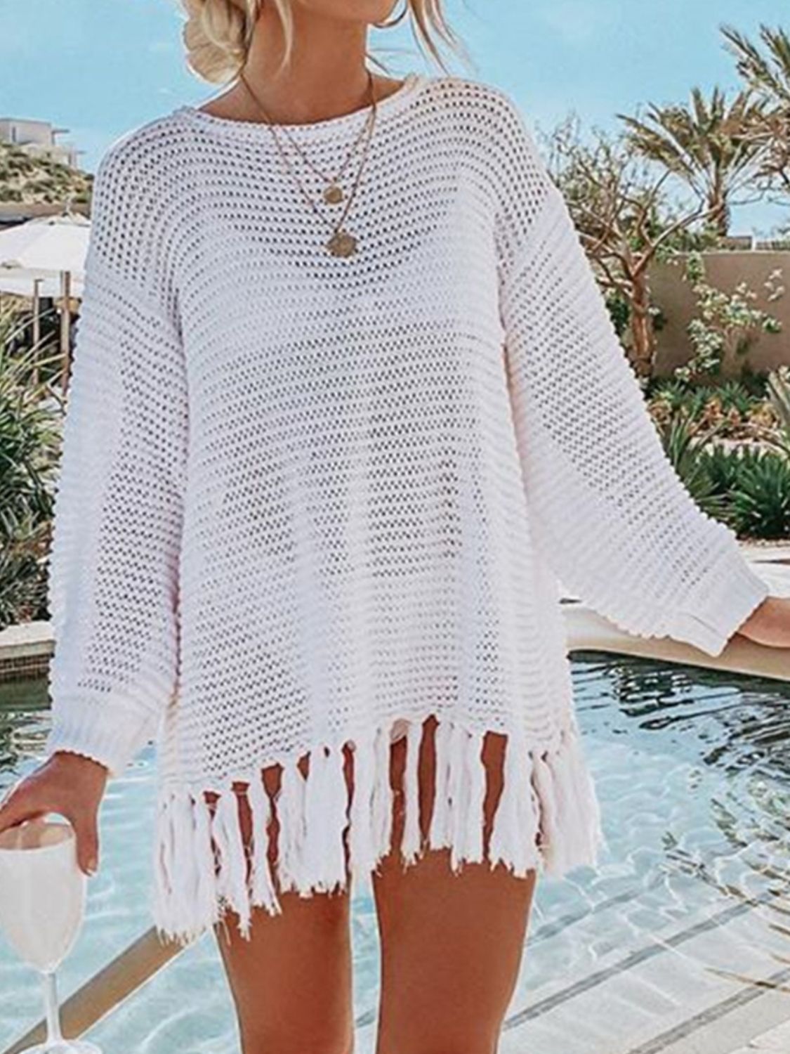 Double Take Openwork Tassel Hem Long Sleeve Knit Cover Up - More Colors! - In Style Chics Boutique LLC