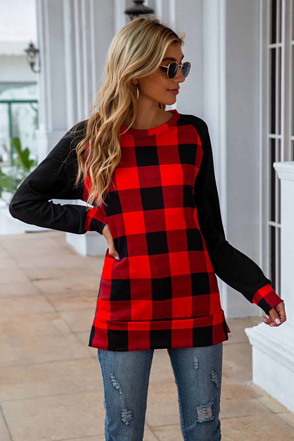 Plaid Round Neck Long Sleeve T-Shirt - In Style Chics Boutique LLC