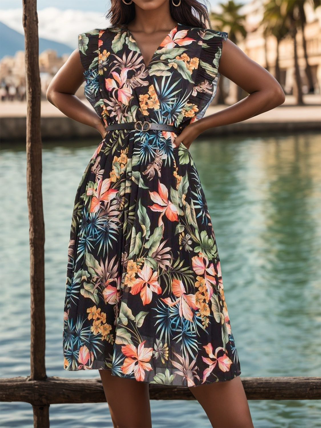 Ruffled Printed Surplice Cap Sleeve Dress - In Style Chics Boutique LLC