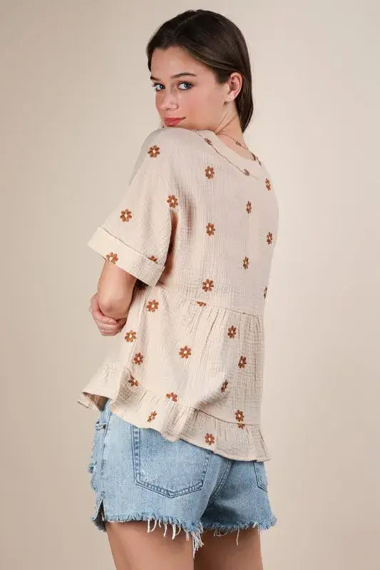 Flower Embroidered Woven Blouse