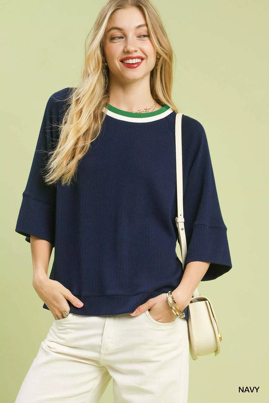 Shop Ribbed Knit Navy Top with Contrast Trim at In Style Chics Boutique