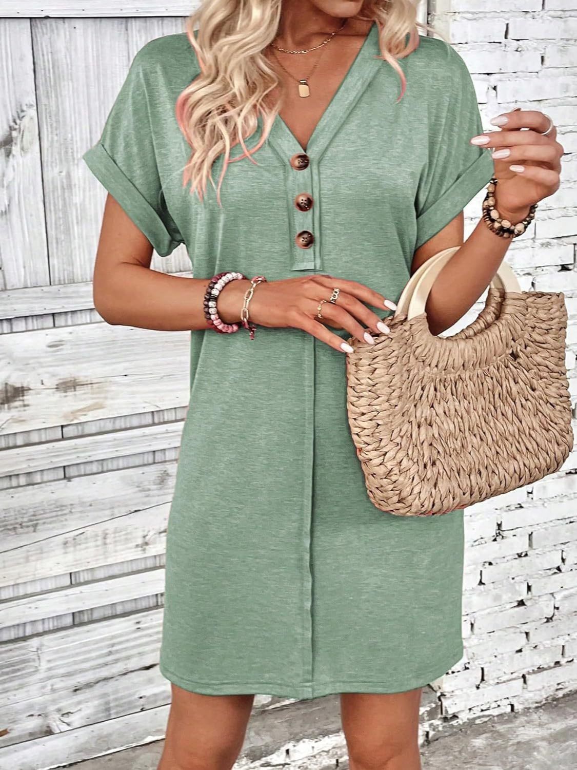 Quarter Button V-Neck Short Sleeve Dress - More Colors! - In Style Chics Boutique LLC