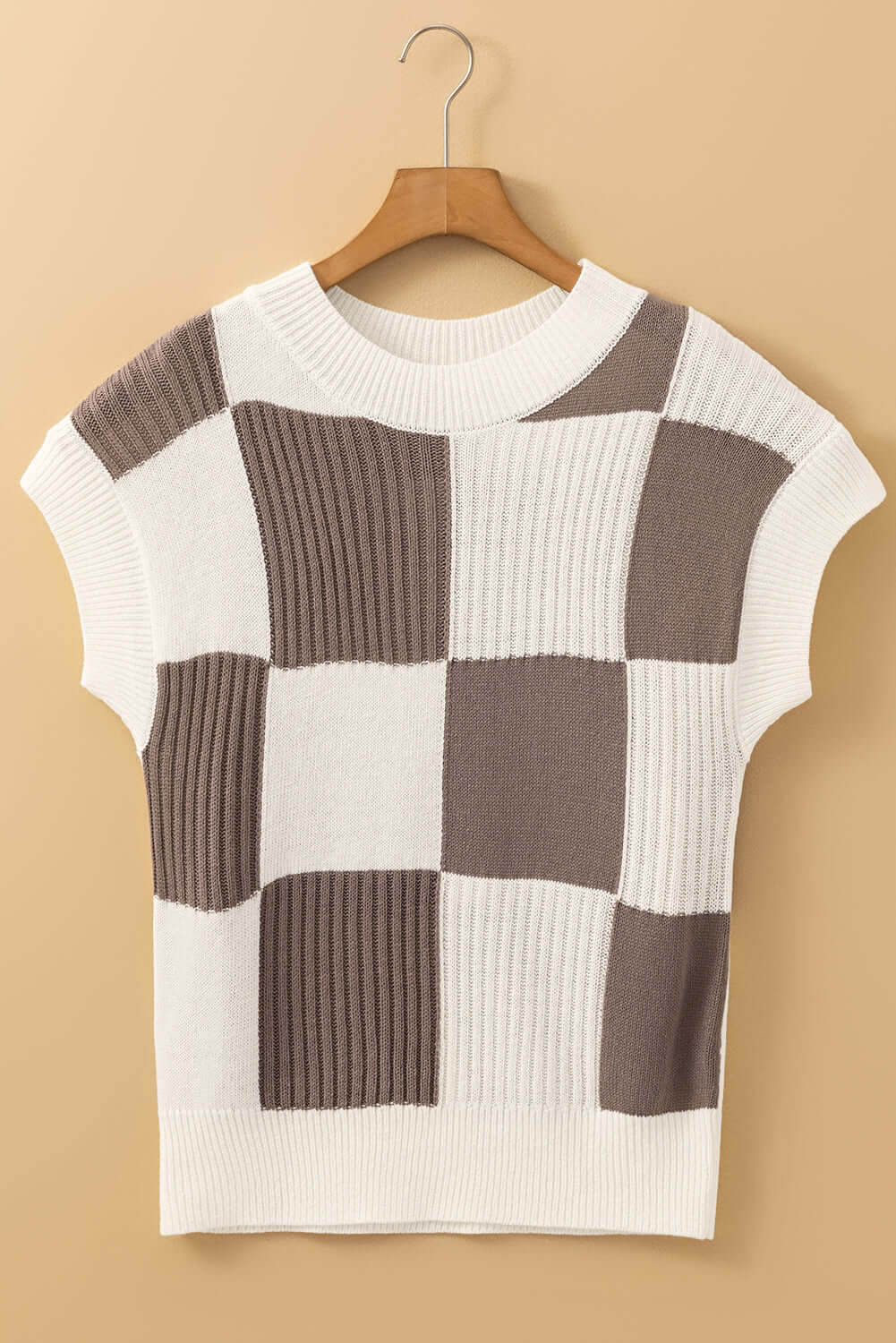 Khaki Checkered Color Block Crew Neck Short Sleeve Sweater - Cute Clothes Online - In Style Chics Boutique Women's Juniors