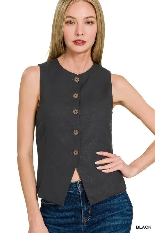 Linen Button Down Black Vest