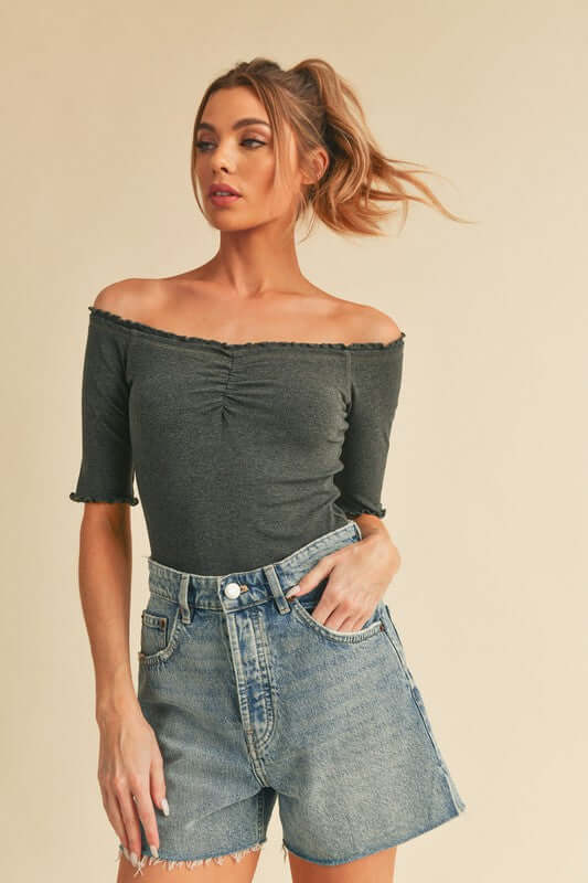 Aemi + Co Ruched Frill Off-Shoulder Half Sleeve Knit Top - Cute Clothes Online - In Style Chics Boutique Women's Juniors Apparel