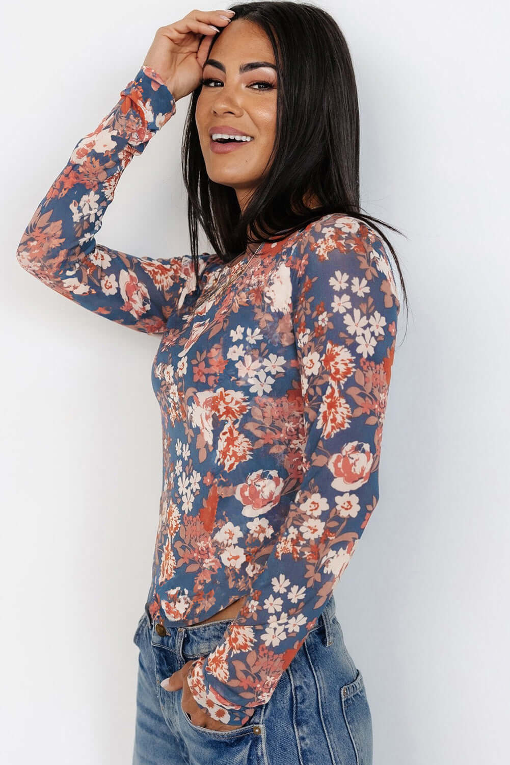 Boho Floral Print Mesh Long Sleeve Top - In Style Chics Boutique Online Clothing Women's Juniors Free Shipping Cute Clothes
