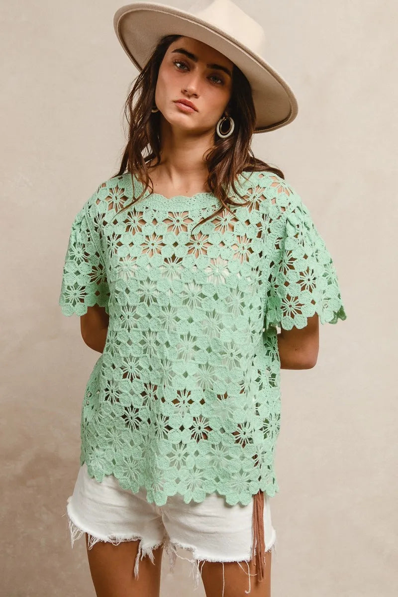 Openwork Crochet Short Sleeve Knit Top at In Style Chics Boutique