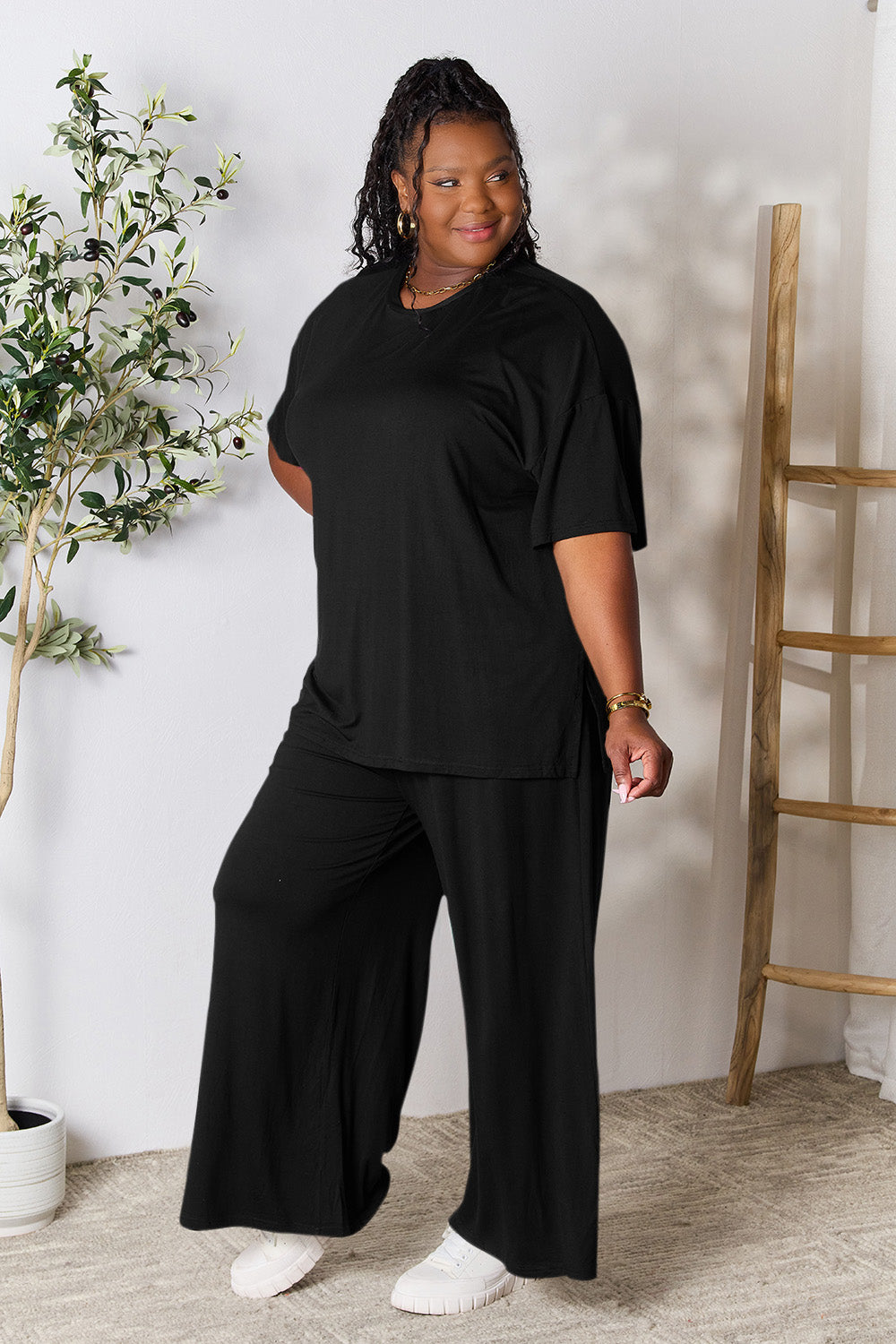 Double Take Round Neck Slit Top and Pants Set - More Colors! - In Style Chics Boutique LLC