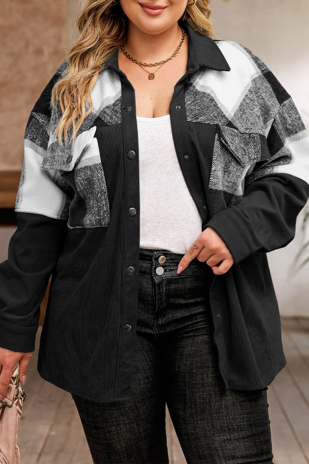Plus Size Plaid Snap Down Jacket with Pockets - In Style Chics Boutique LLC