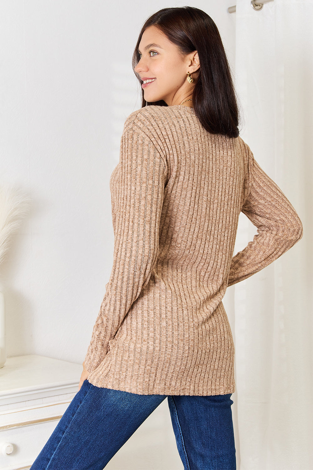 Notched Neck Ribbed Long Sleeve T-Shirt - In Style Chics Boutique Online Clothing Women's Juniors Plus Size