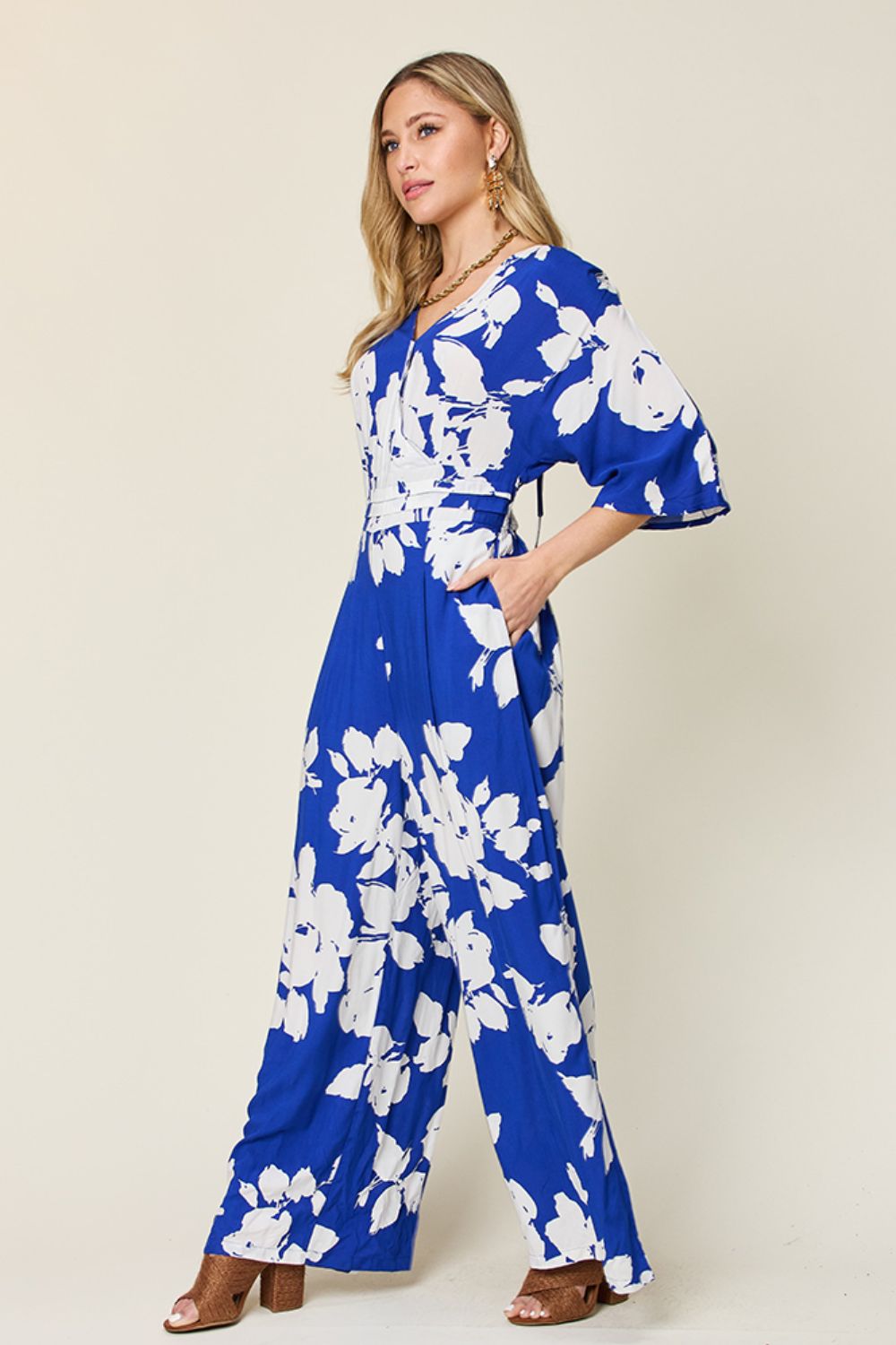 Double Take Full Size Printed Tie Back Wide Leg Jumpsuit - In Style Chics Boutique LLC