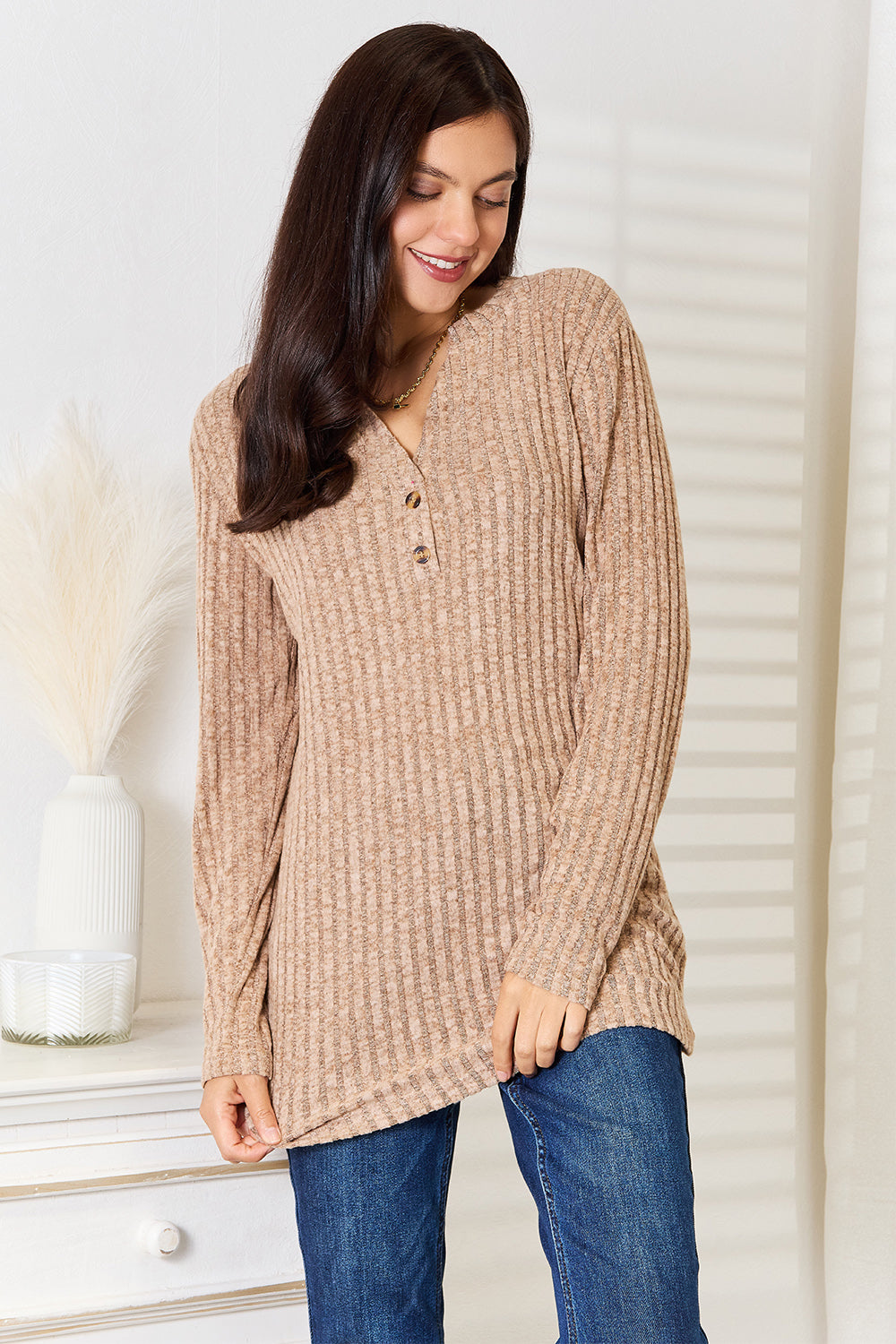 Notched Neck Ribbed Long Sleeve T-Shirt - In Style Chics Boutique Online Clothing Women's Juniors Plus Size
