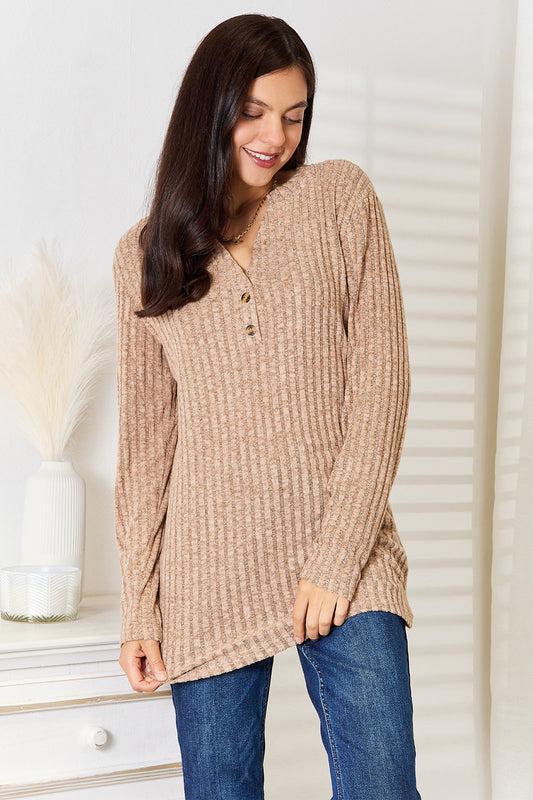 Notched Neck Ribbed Long Sleeve T-Shirt - In Style Chics Boutique Online Clothing Women's Juniors Plus Size