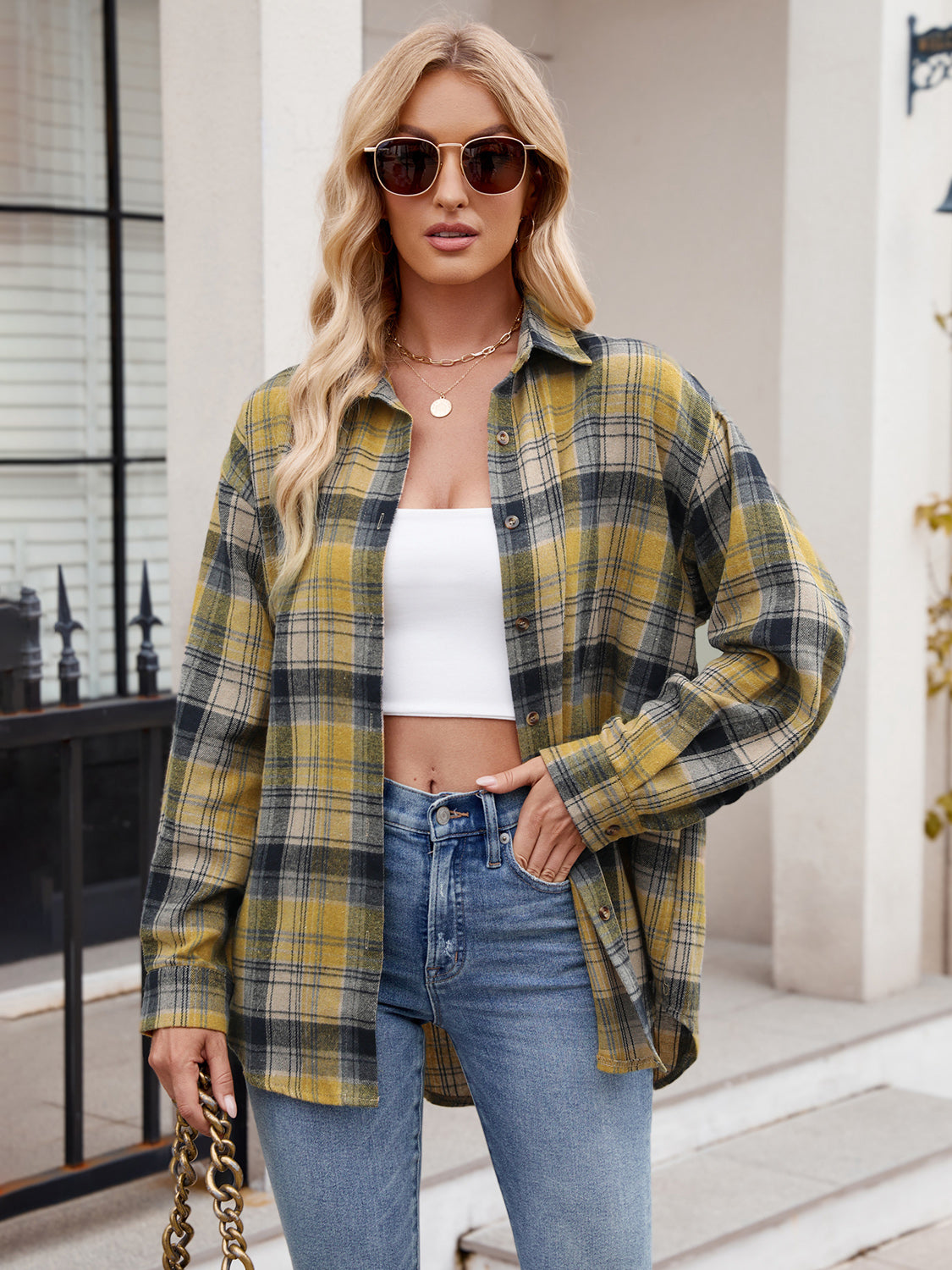 Pocketed Plaid Collared Neck Long Sleeve Shirt - In Style Chics Boutique LLC
