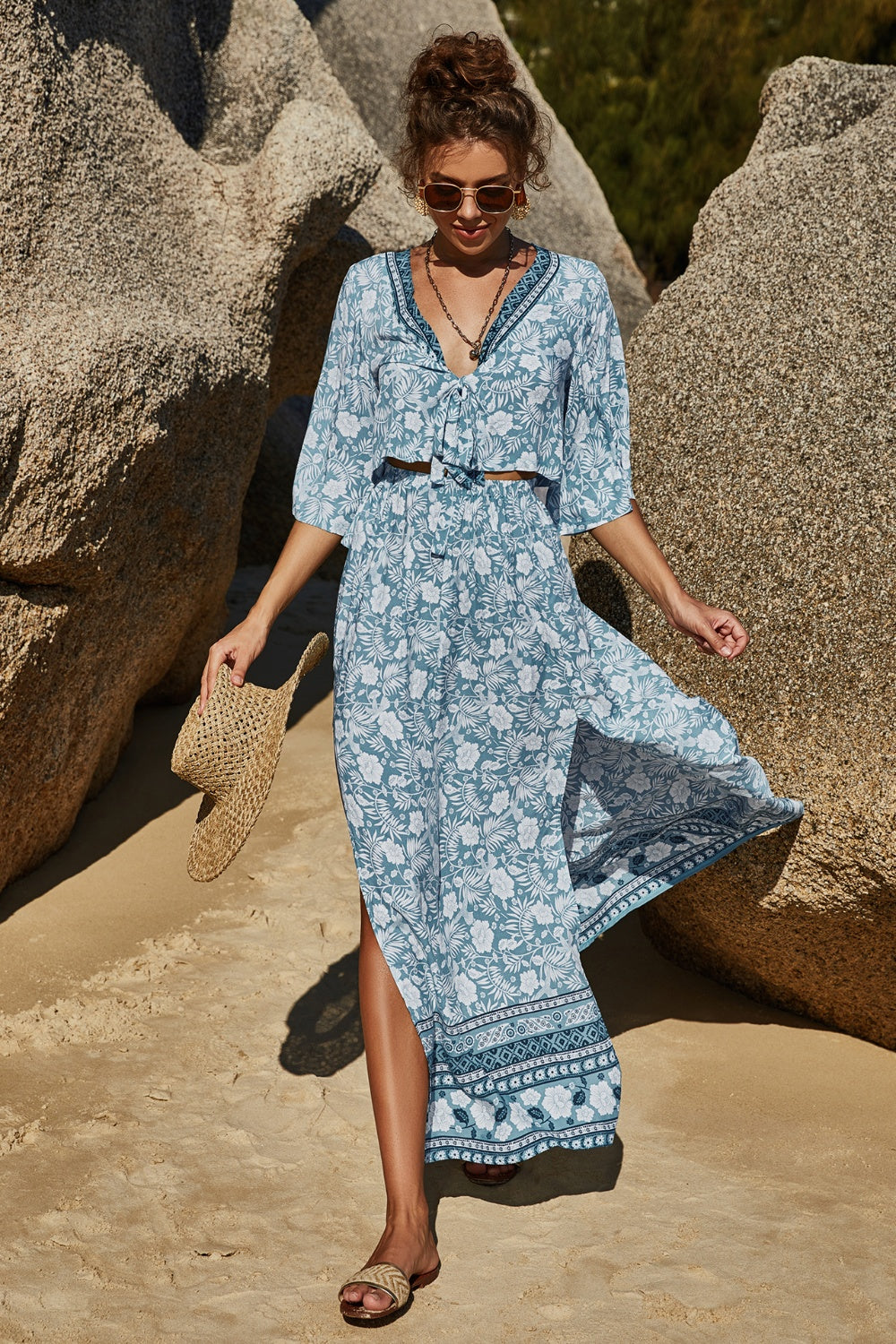 Printed Half Sleeve Top and Slit Skirt Set - More Colors! - In Style Chics Boutique LLC