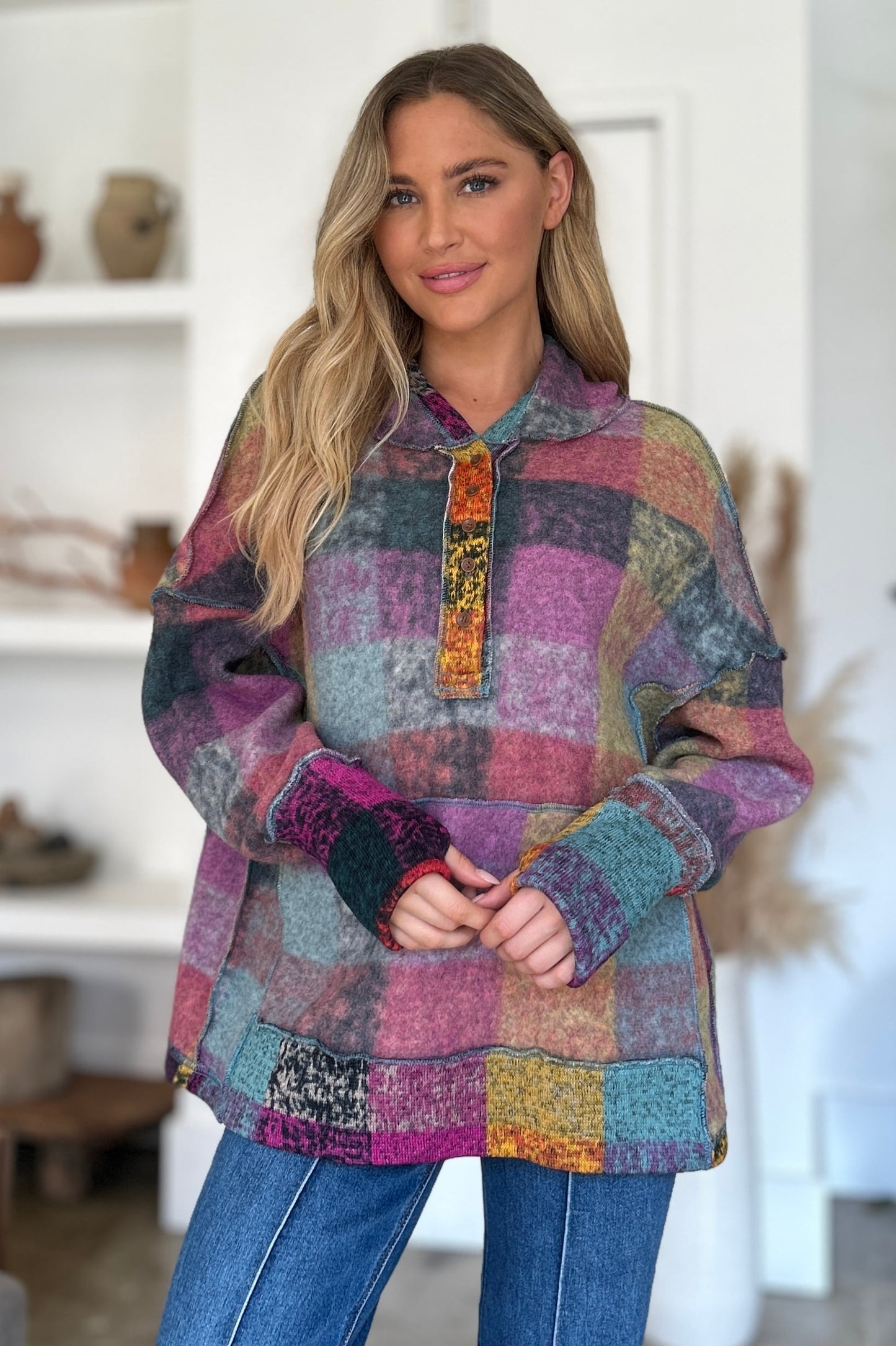 Double Take Full Size Plaid Dropped Shoulder Fleece Hoodie - In Style Chics Boutique LLC