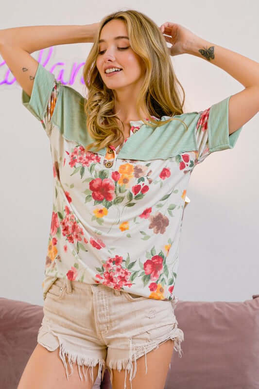 BiBi Floral Button Detail Round Neck Short Sleeve Terry T-Shirt - Cute Clothes Online - In Style Chics Boutique Women's Juniors Apparel