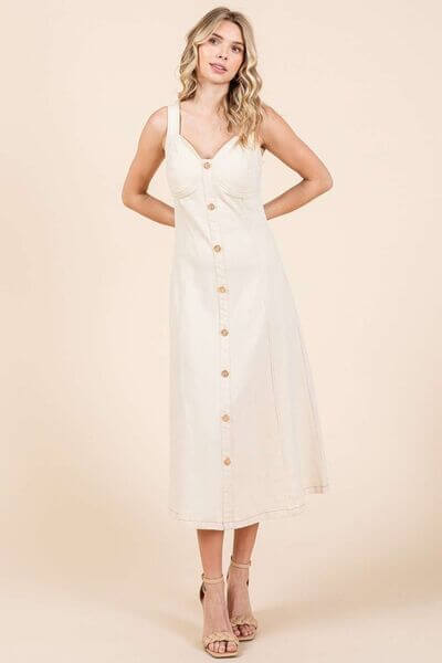 Stretch Twill Decor Button Sleeveless Midi Dress - In Style Chics Boutique