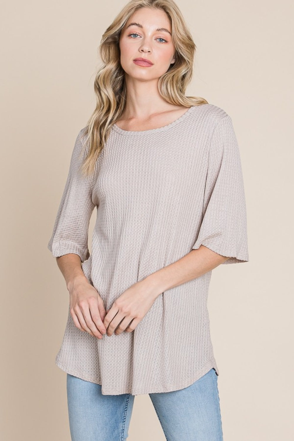 BOMBOM Round Neck Waffle Knit T-Shirt - In Style Chics Boutique LLC
