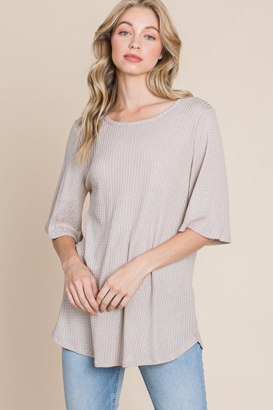 BOMBOM Round Neck Waffle Knit T-Shirt - In Style Chics Boutique LLC
