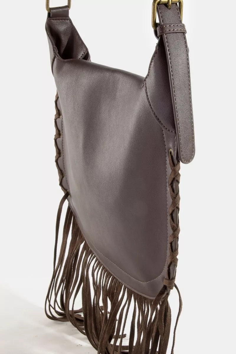 Rivet Trim Suede Fringe Shoulder Bag at In Style Chics Boutique