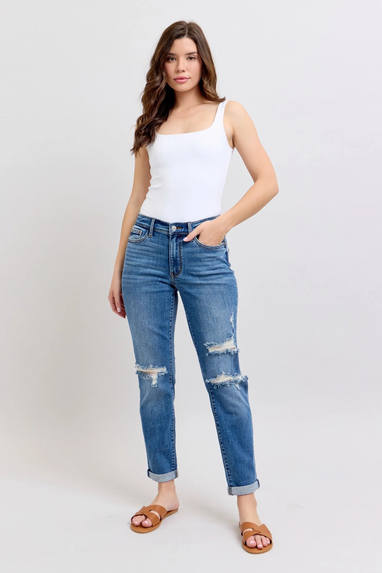 Judy Blue Medium Rise Vintage Wash Distressed Boyfriend Jeans - In Style Chics Boutique Women's Juniors Plus Size Clothes Online