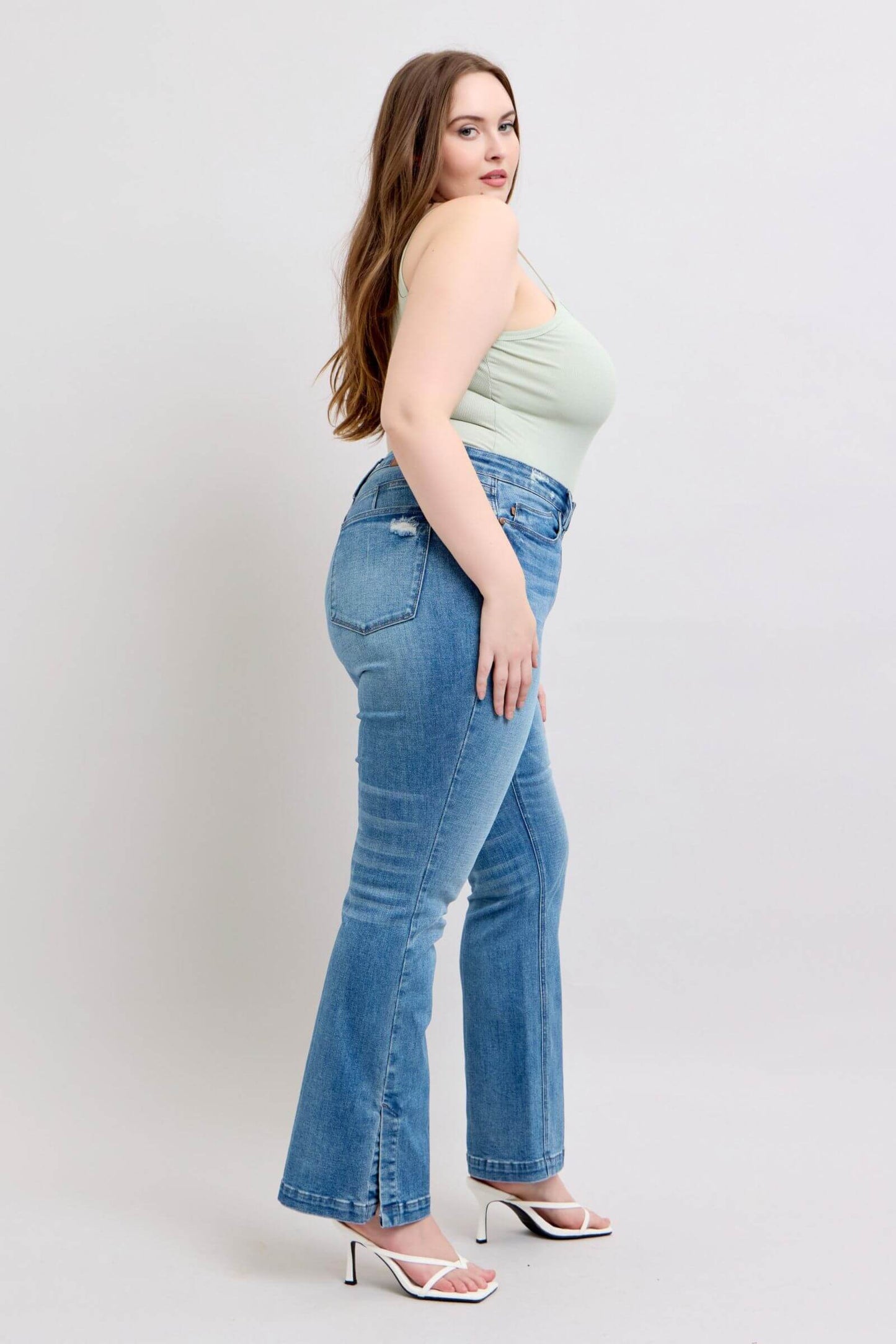 High Waist Tummy Control Vintage Wash Side Slit Slim Boot Jeans - In Style Chics Boutique Online Clothing Women's Juniors Plus Size Apparel