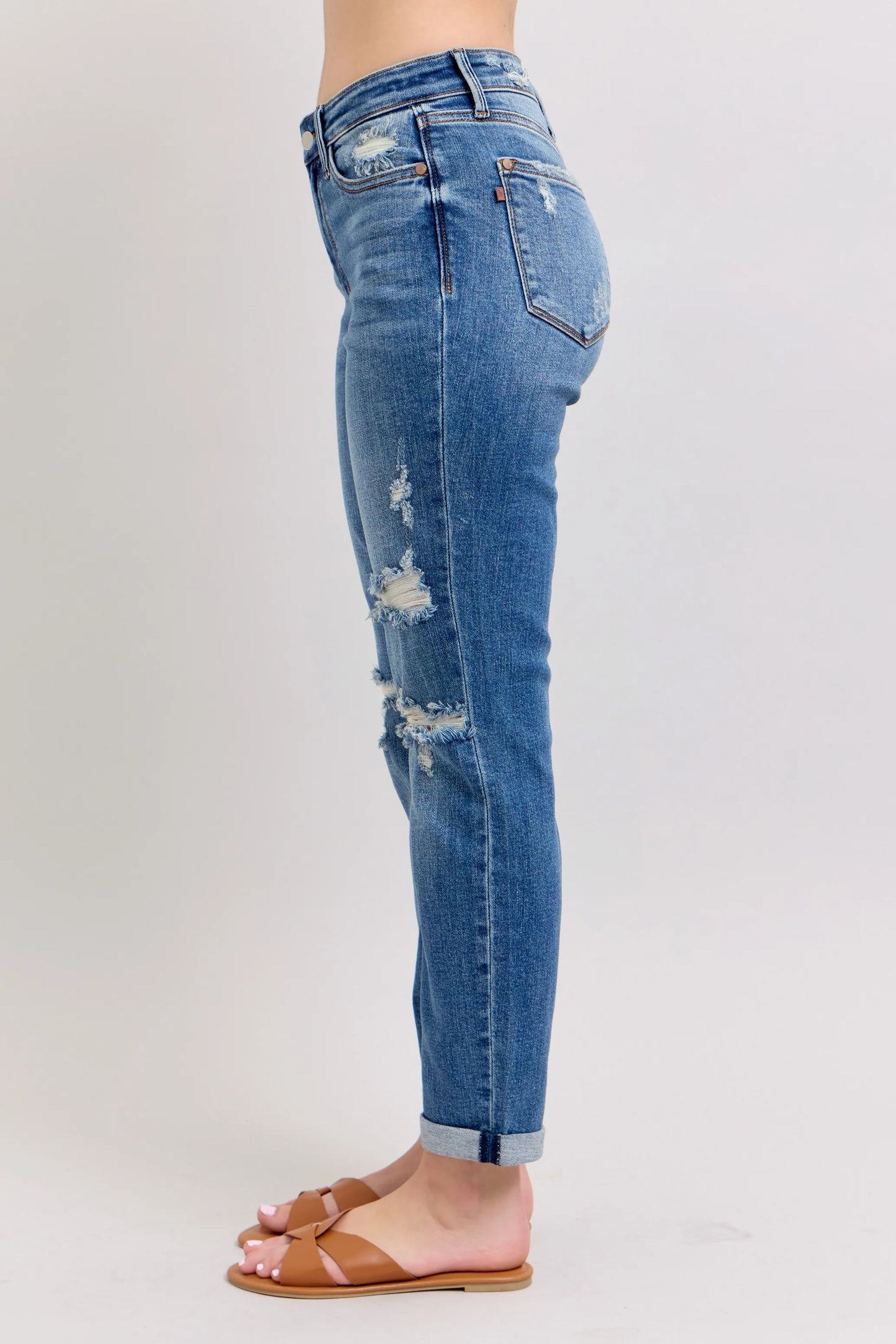 Judy Blue Medium Rise Vintage Wash Distressed Boyfriend Jeans - In Style Chics Boutique Women's Juniors Plus Size Clothes Online