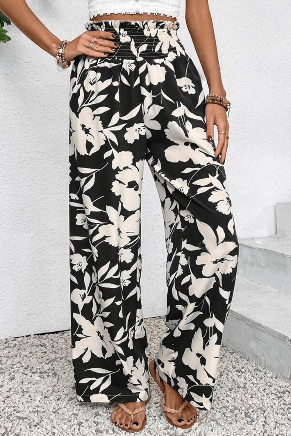 Floral Smocked Frill Waist Wide Leg Pants - Cute Clothes Online - In Style Chics Boutique Women's Juniors