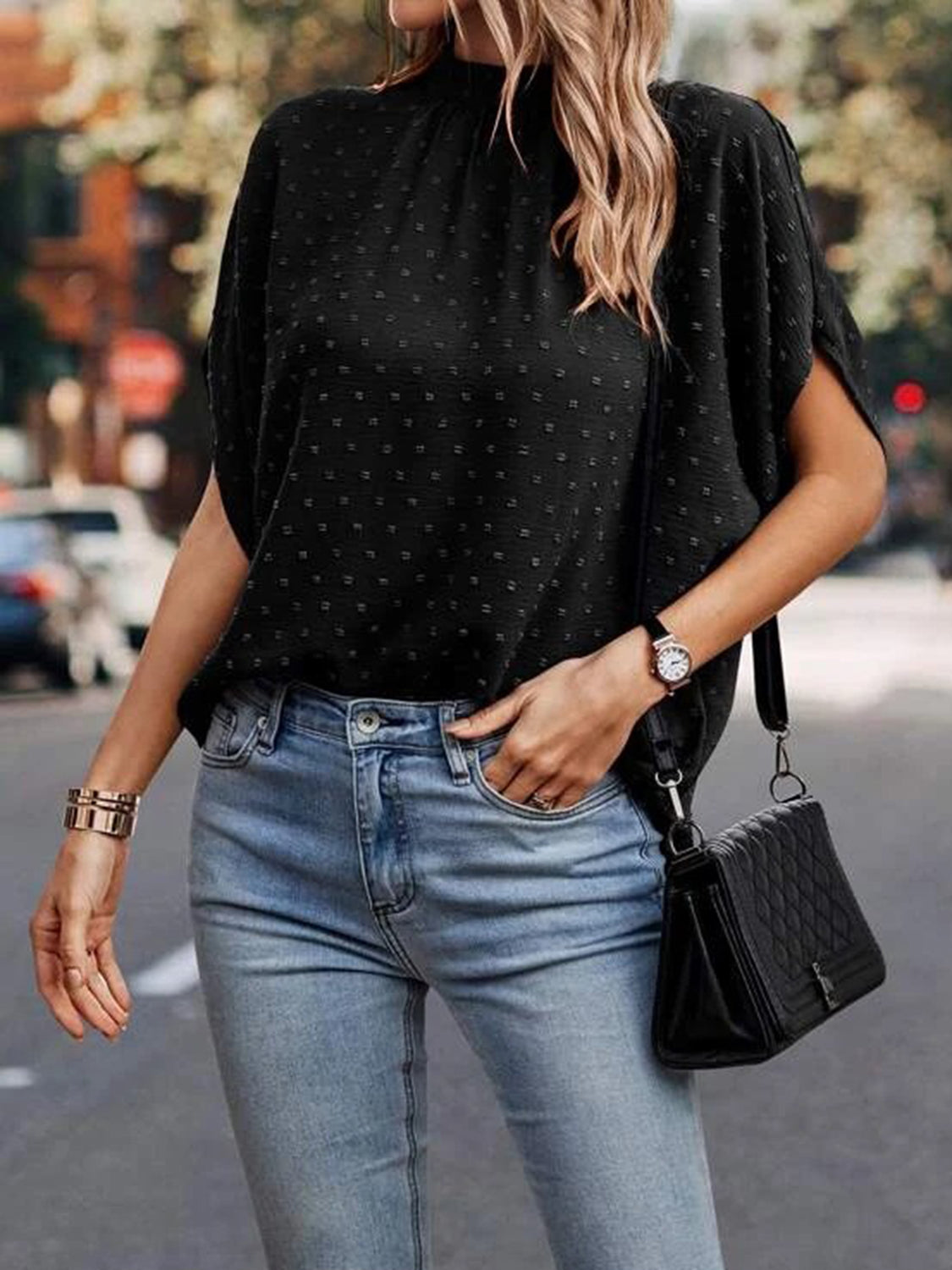 Swiss Dot Mock Neck Half Sleeve Blouse - More Colors! - In Style Chics Boutique LLC