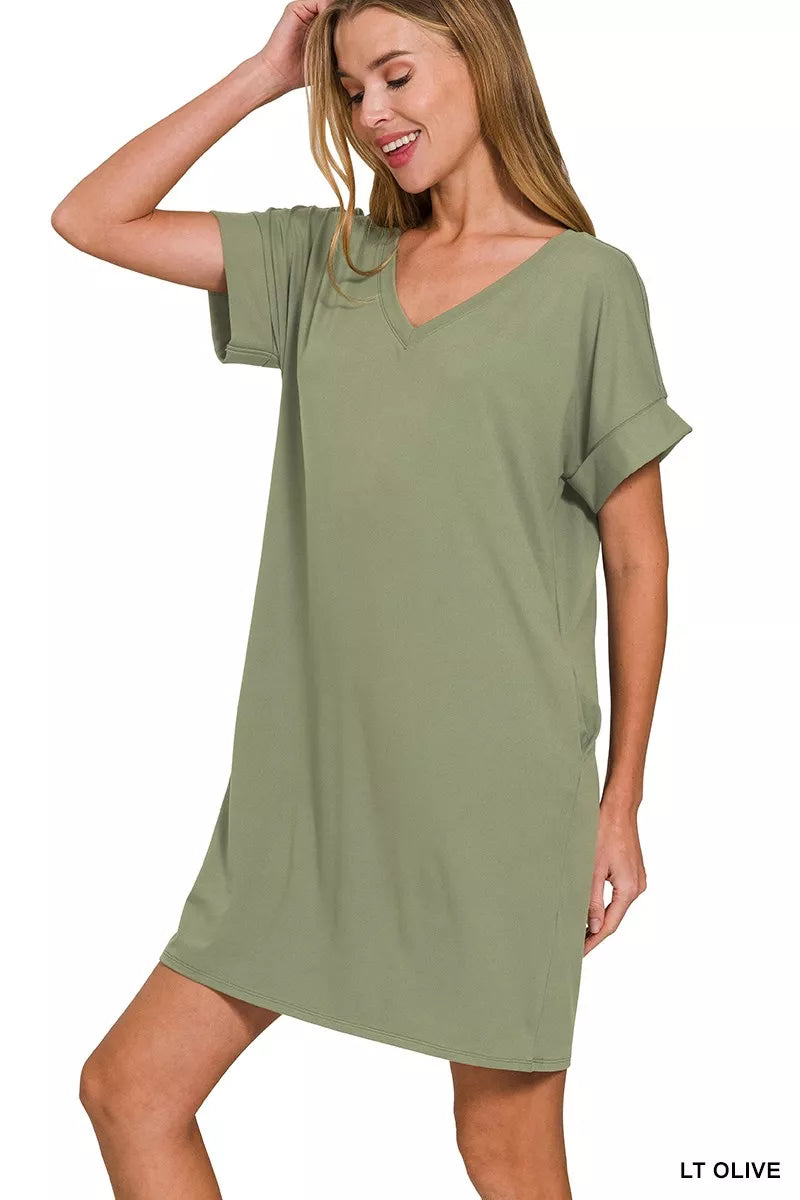 Zenana Brushed DTY Rolled Short Sleeve V-Neck Dress