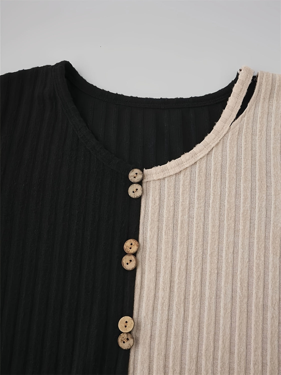 Decorative Button Contrast Round Neck Long Sleeve T-Shirt - In Style Chics Boutique LLC