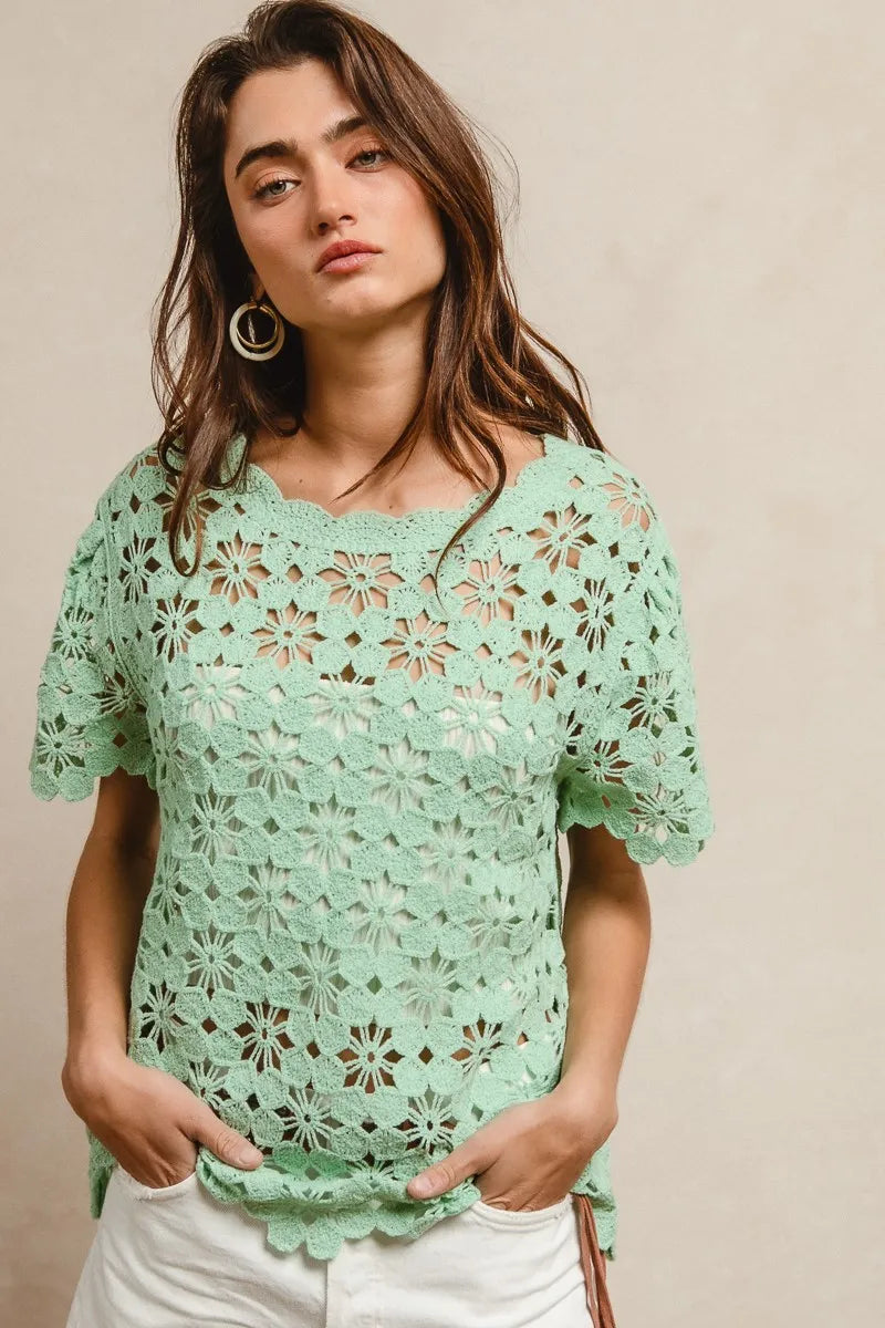 Openwork Crochet Short Sleeve Knit Top at In Style Chics Boutique
