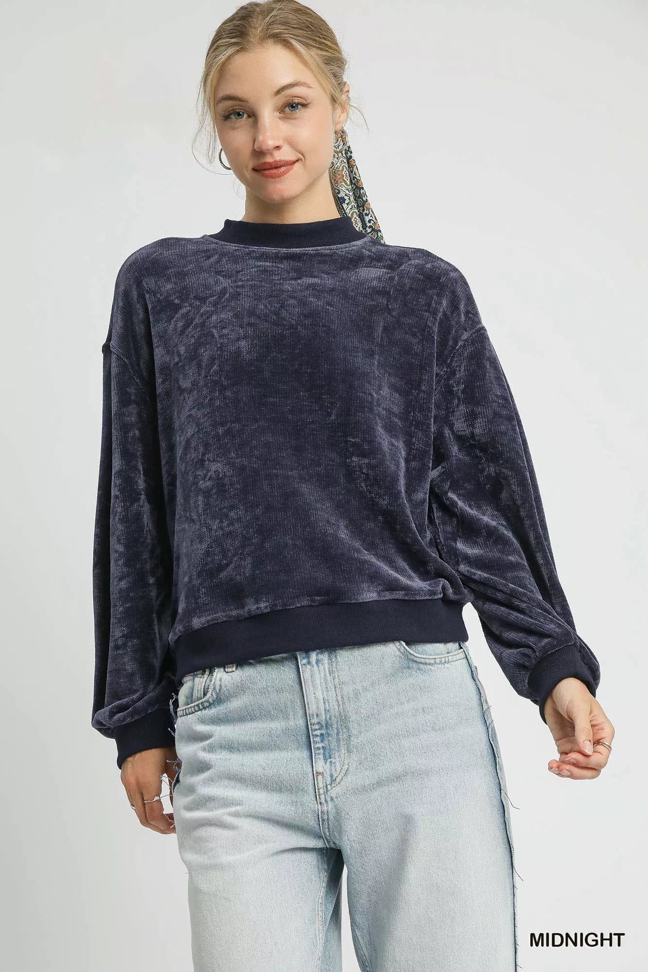 Velour Crewneck Sweatshirt with Balloon Sleeves at In Style Chics Boutique