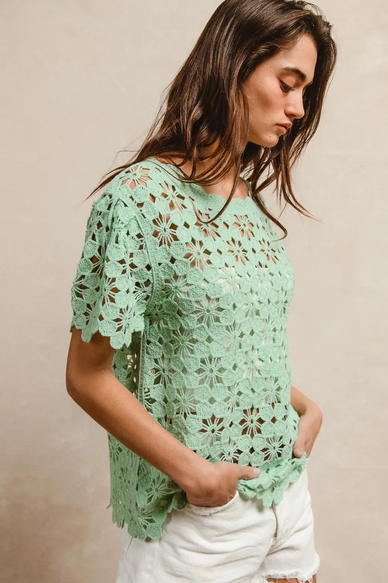 Openwork Crochet Short Sleeve Knit Top at In Style Chics Boutique
