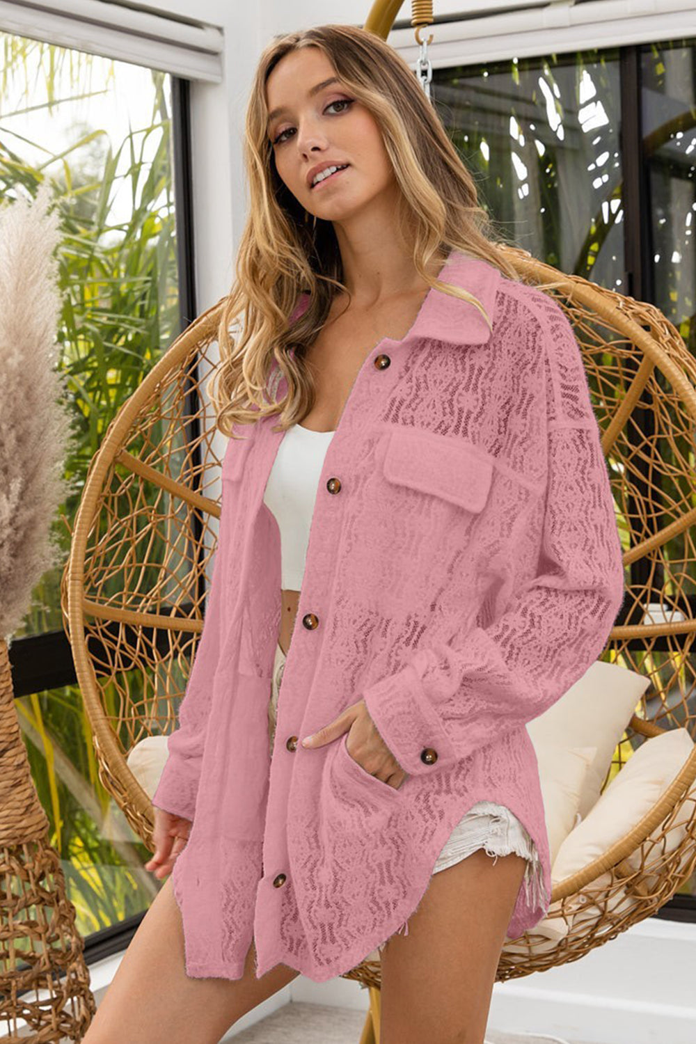 BiBi Oversized Lace Shacket with Front Pockets - In Style Chics Boutique LLC