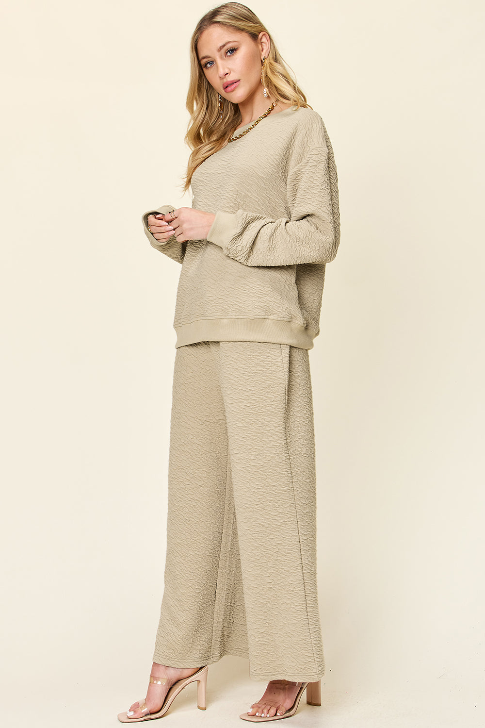 Double Take Full Size Texture Long Sleeve Top and Pants Set - In Style Chics Boutique LLC