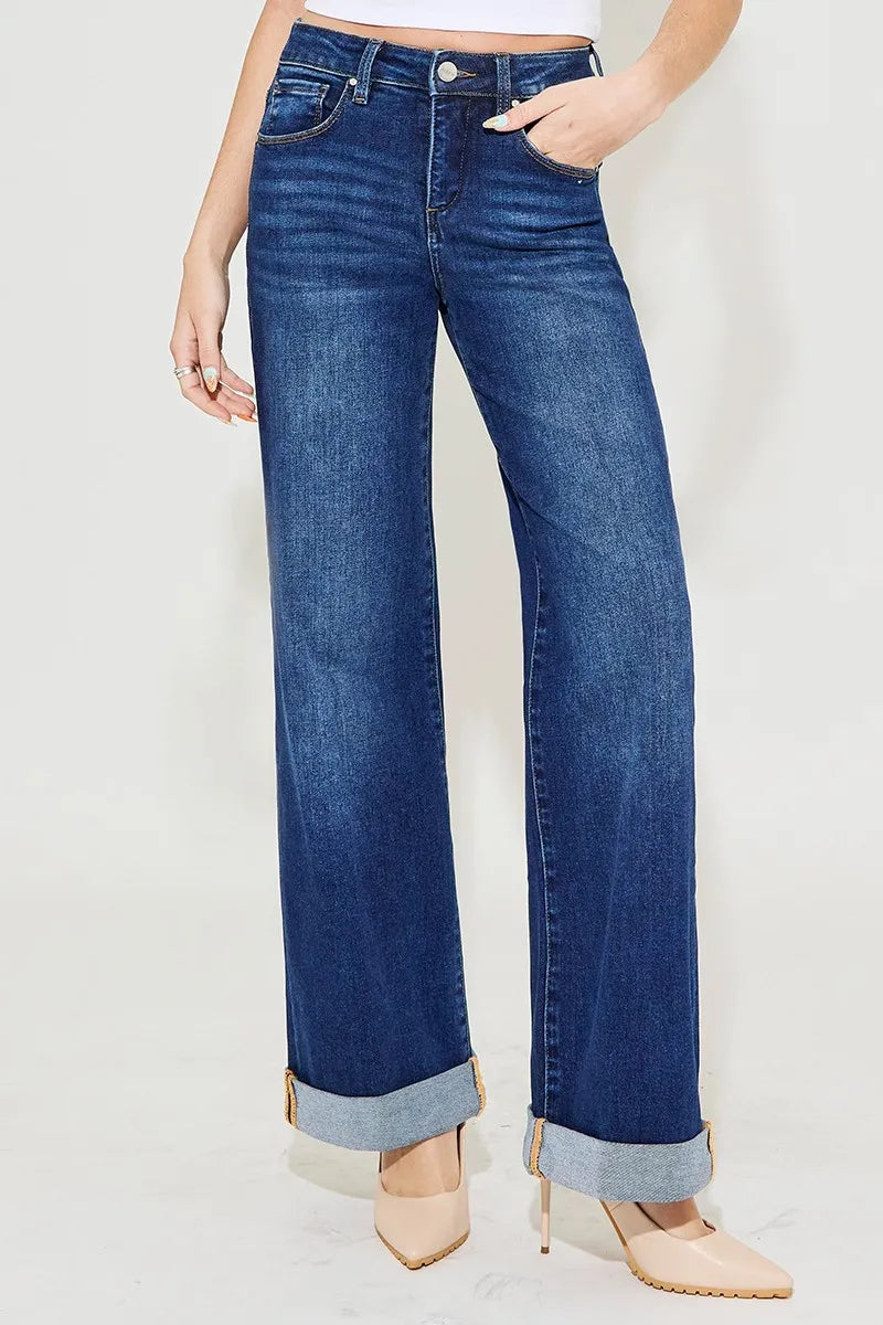 RISEN Tummy Control High Rise Wide Leg Cuffed Jeans - In Style Chics Boutique Women's Juniors Plus Size Clothes Online