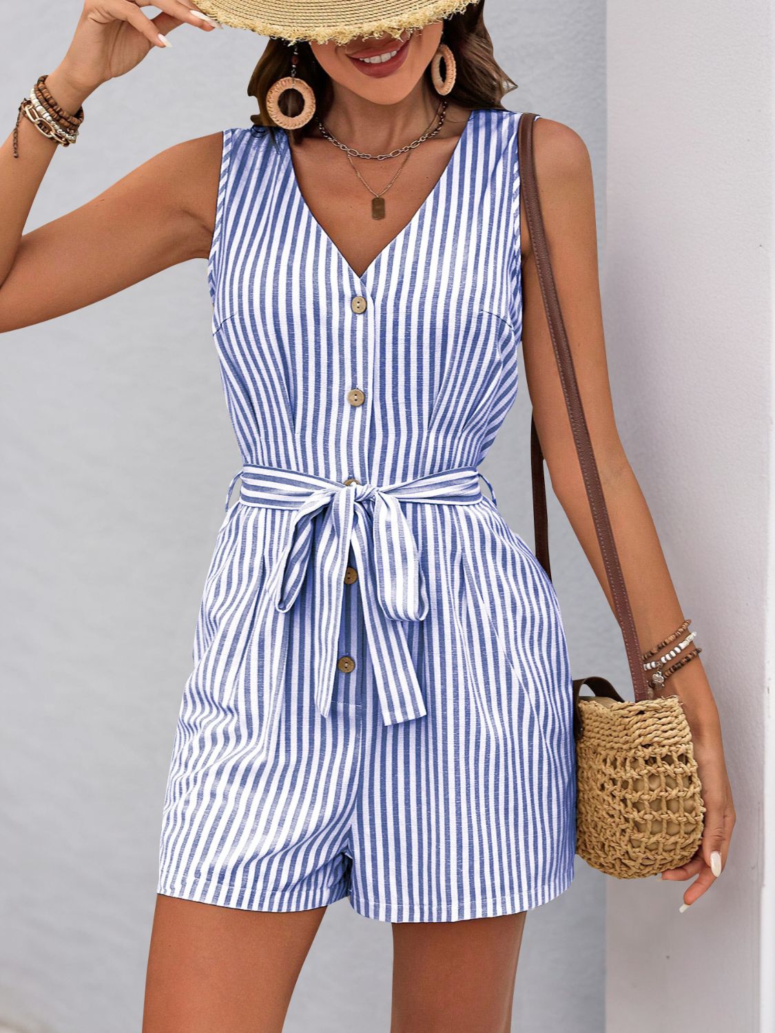 Striped V-Neck Tie Waist Romper - Cute Clothes - In Style Chics Boutique Women's Juniors Online Fashion