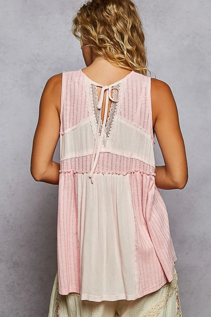 Two-Tone Tank Top with Pintuck Detail, Lace Trim - In Style Chics Boutique