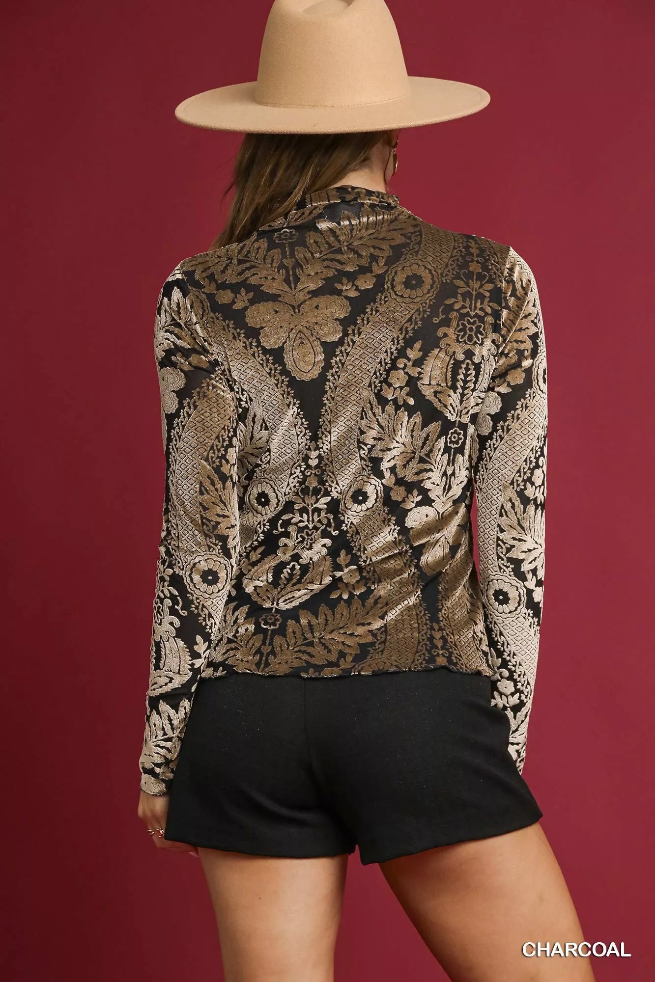 Damask Print Velvet Burnout Top at In Style Chics Boutique
