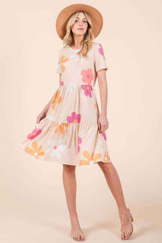 BOMBOM Floral Round Neck Short Sleeve Tiered Dress - In Style Chics Boutique Online Clothing Women's Juniors Apparel Cute Clothes Made in USA Online