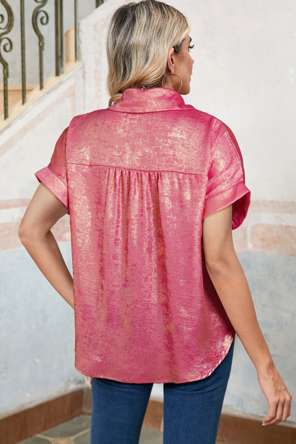 Rose Red Metallic Sheen Short Sleeve Buttoned Front Shirt - Cute Clothes In Style Chics Boutique Online Clothing Women's Juniors Free Shipping