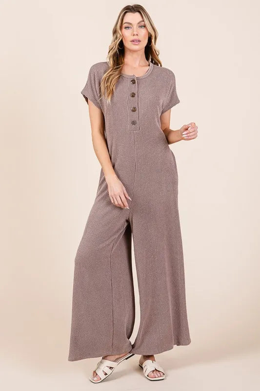 Rib Knit Jumpsuit with Button Detail