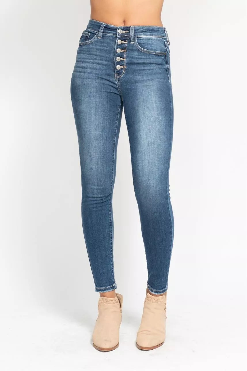 Judy Blue High Rise Button Fly Skinny Jeans at In Style Chics Boutique plus size jeans